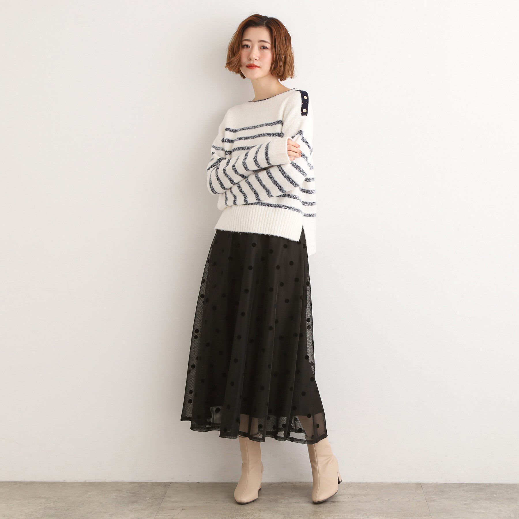 grove「甘さを抑えて、品よく華やぐ　メッシュフロッキードットスカート」|スカート|