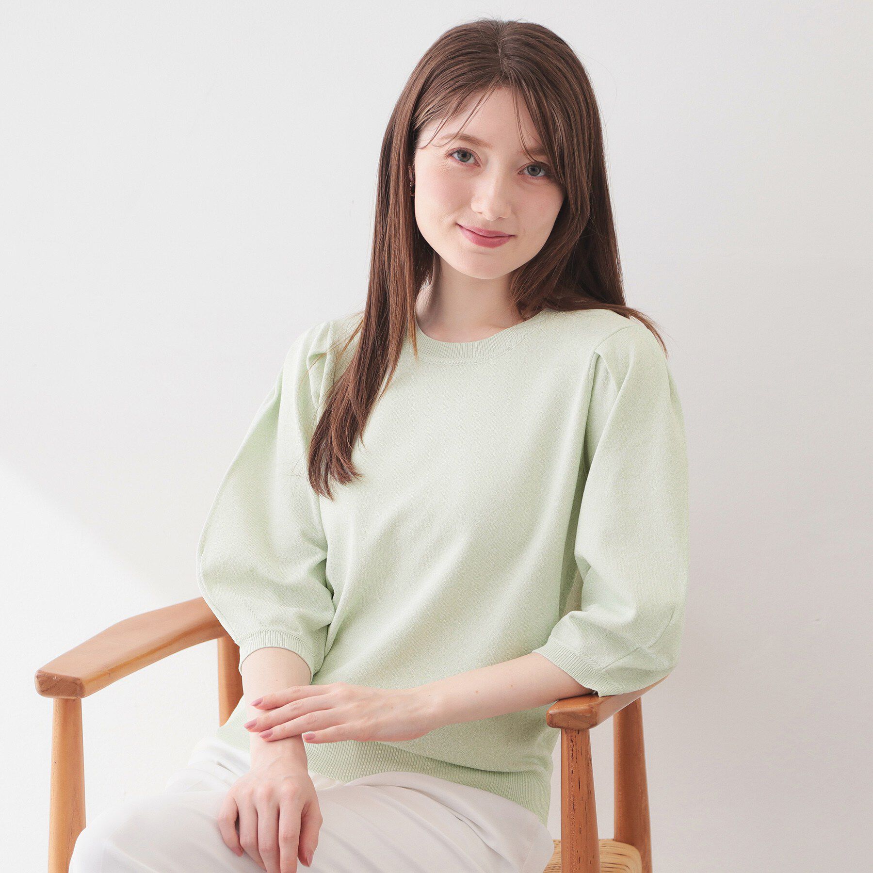 index「6分袖タックスリーブニット【洗濯機OK/UVケア】《XS～LL/9col》」|ニット・セーター|ミントグリーン(82