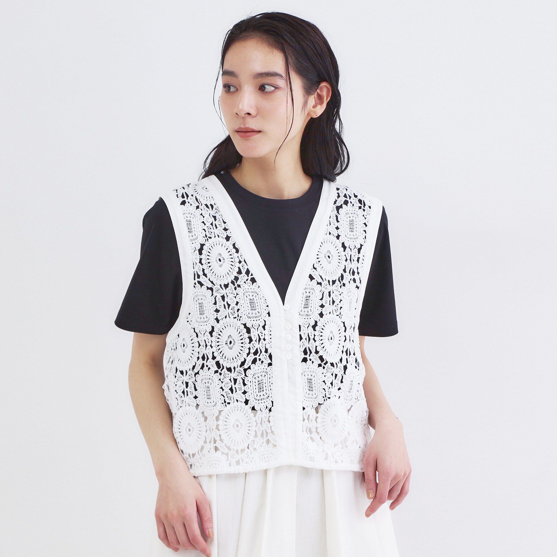 OPAQUE.CLIP「レースVネックベスト」|ベスト・ジレ|