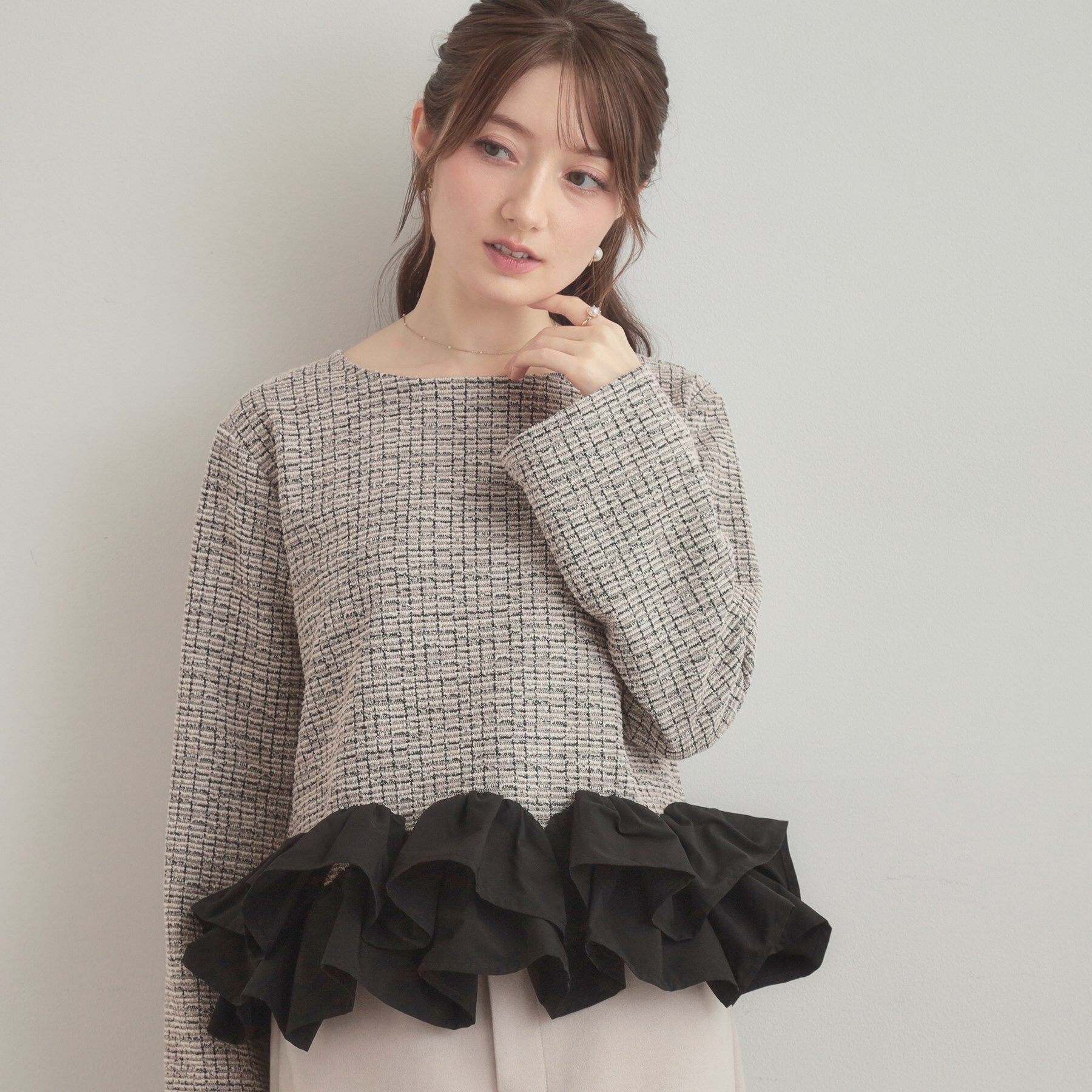 Couture broach「カットツイード裾フリルプルオーバー」|Tシャツ・カットソー|ピンクベージュ(45