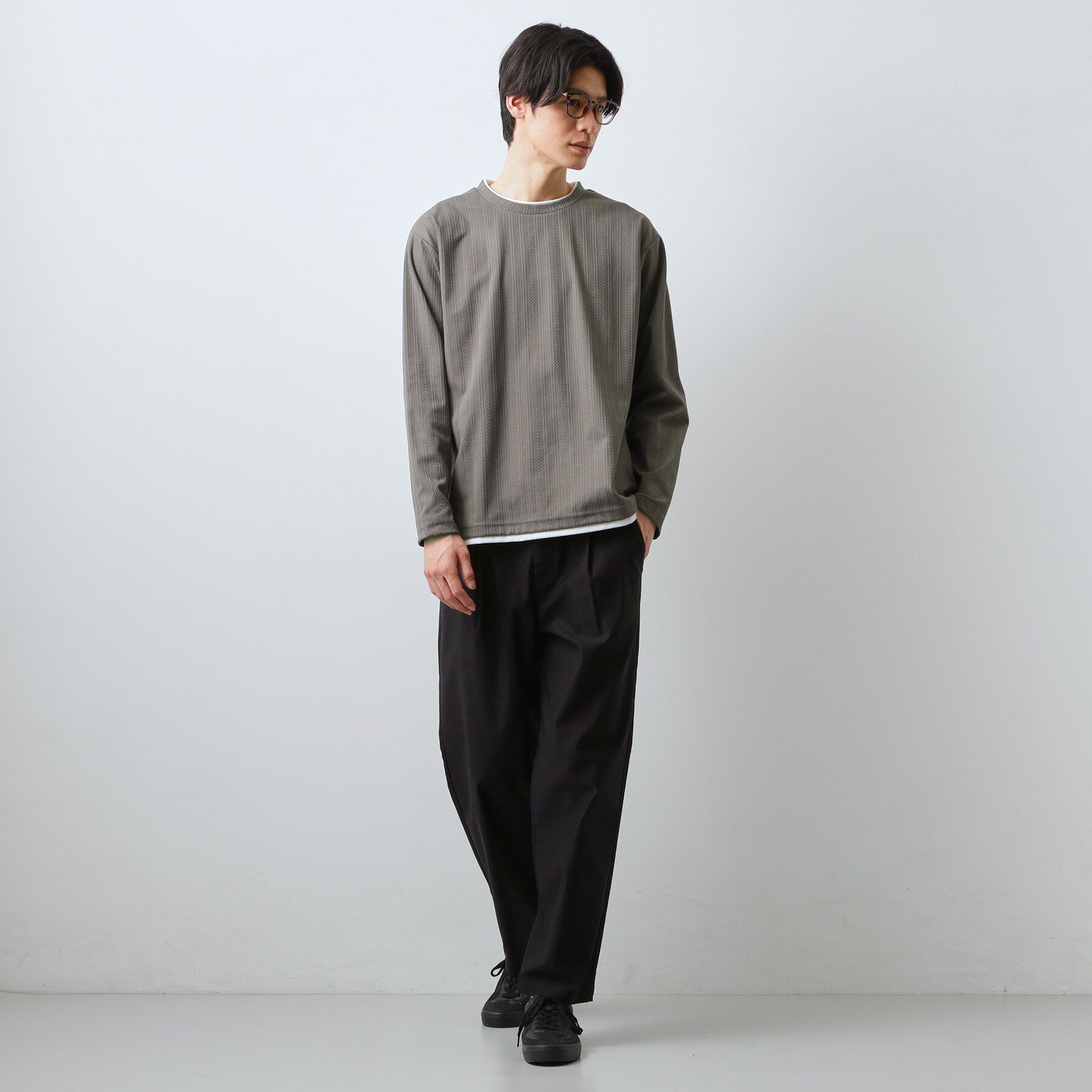 THE SHOP TK「【程よく品のある着こなし】ジャカード フェイクレイヤード長袖Tシャツ 洗濯機OK」|Tシャツ・カットソー|