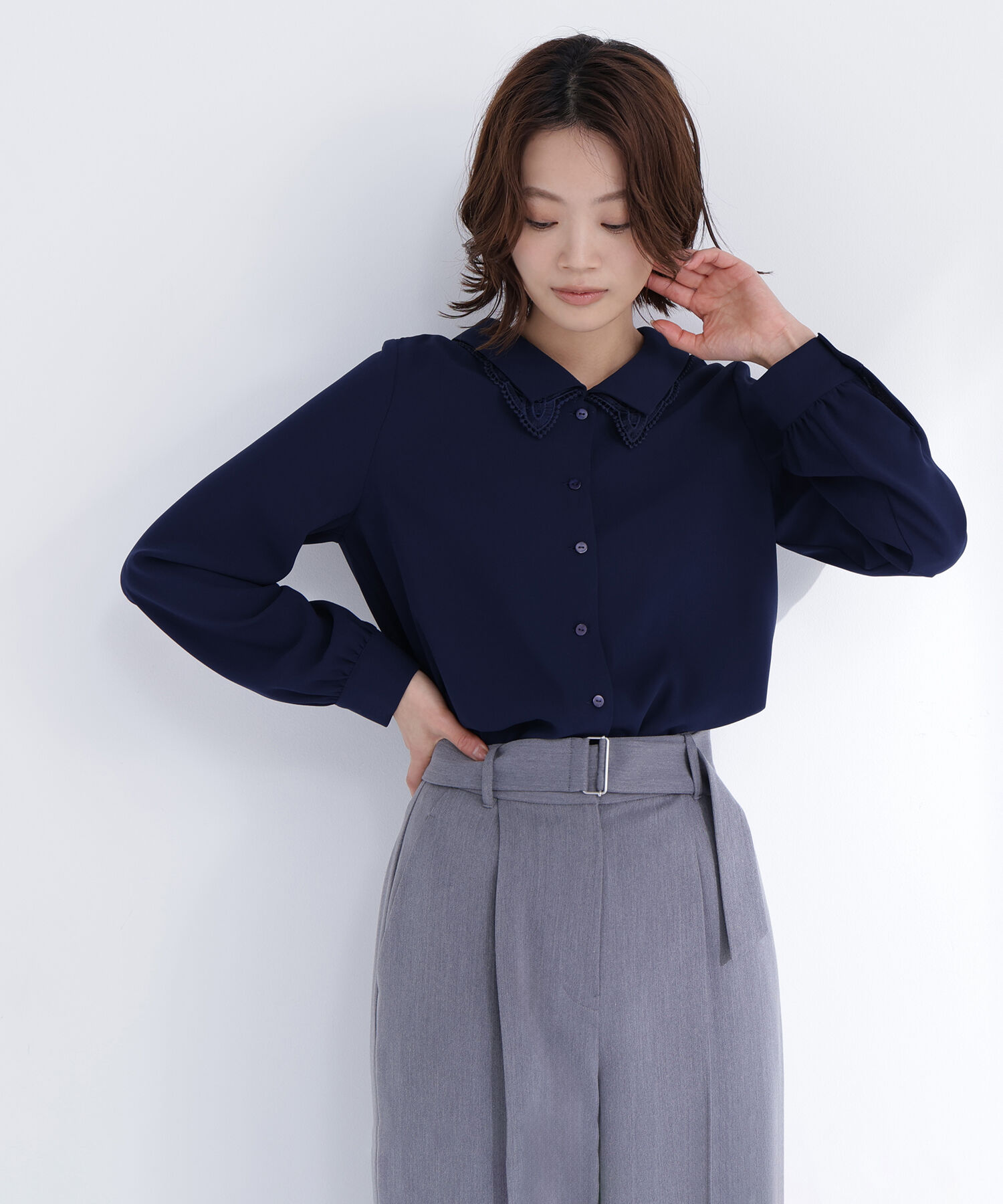  「レースダブルカラーブラウス」|シャツ・ブラウス|ネイビー