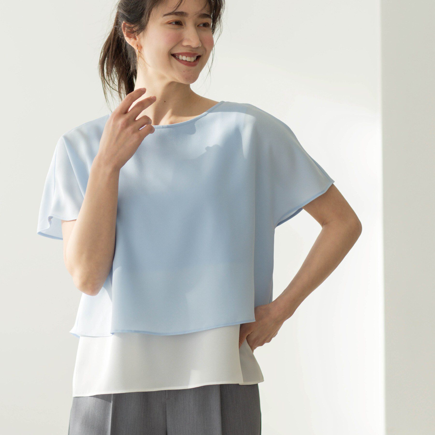 SHOO･LA･RUE「【洗濯機可/体型カバー】1枚でサマ見え バイカラーレイヤードブラウス」|シャツ・ブラウス|