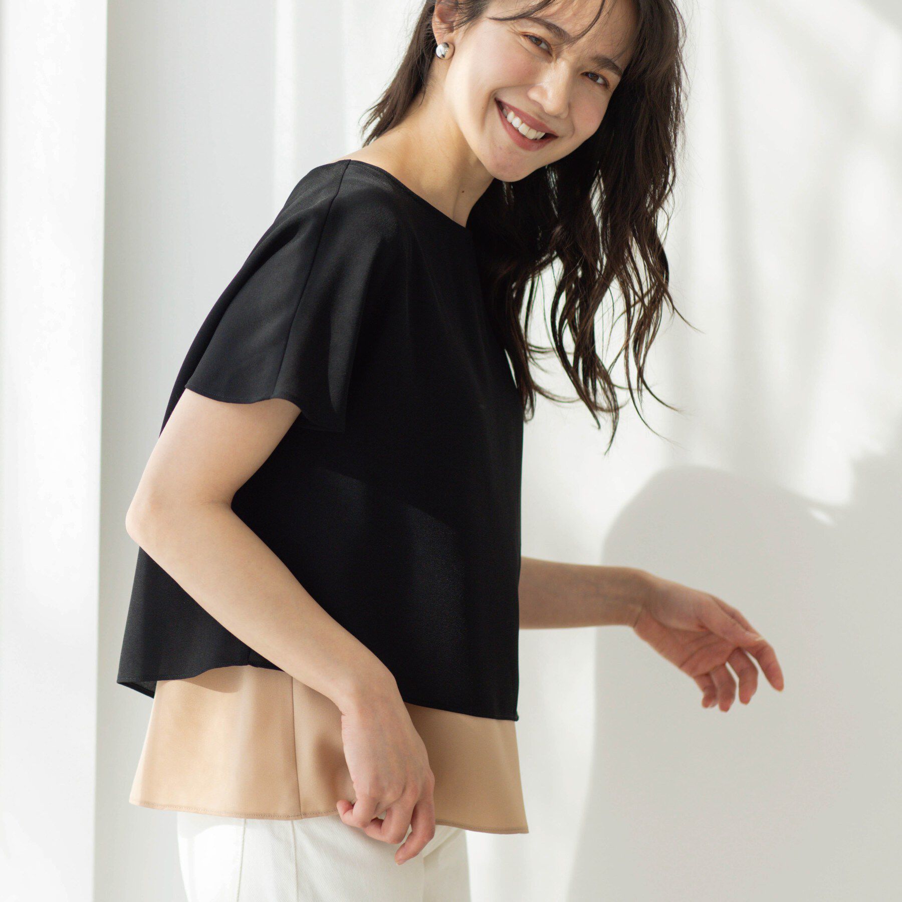 SHOO･LA･RUE「【洗濯機可/体型カバー】1枚でサマ見え バイカラーレイヤードブラウス」|シャツ・ブラウス|