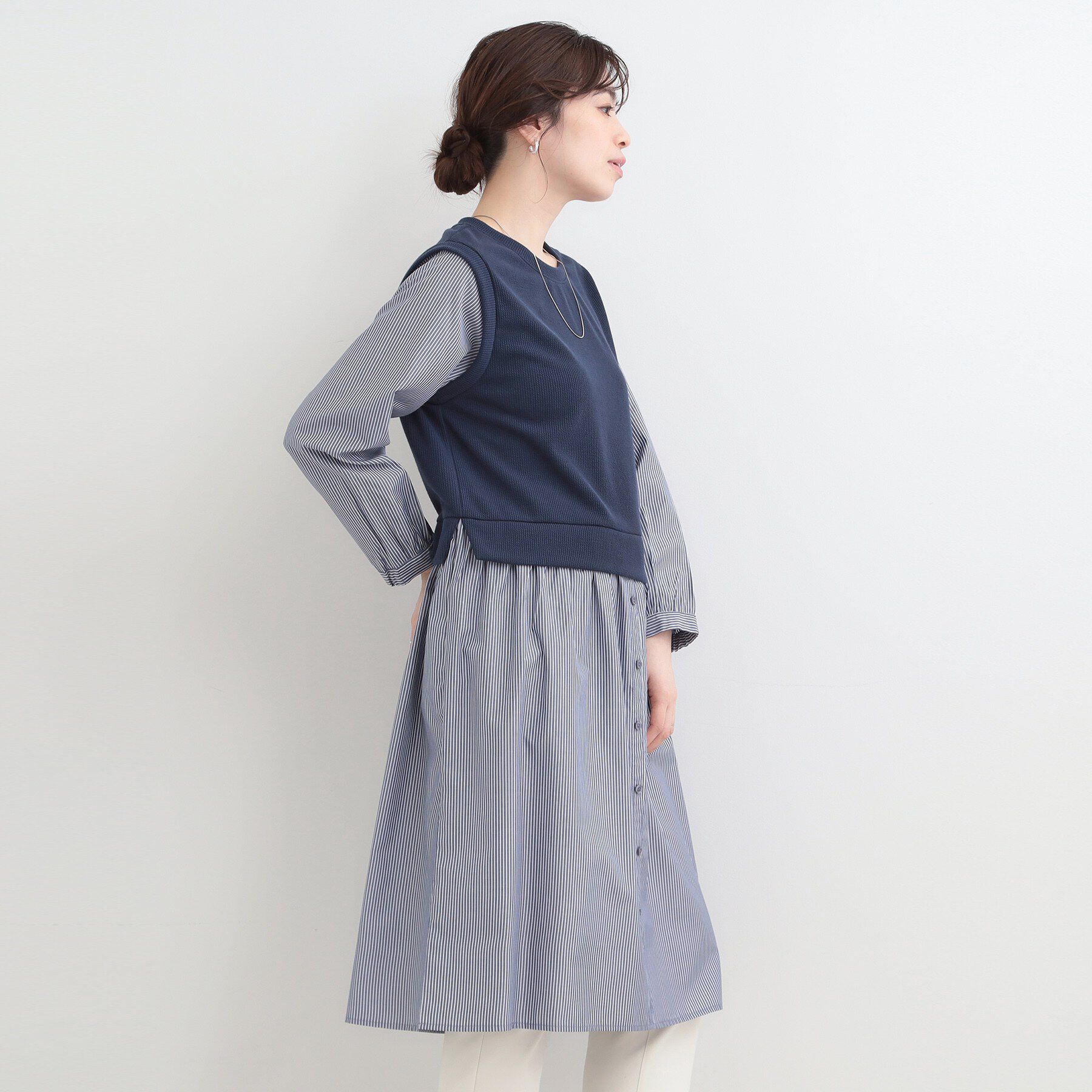 SHOO･LA･RUE「【S-LL/体型カバー】ストライプ柄ドッキングワンピース」|ワンピース|