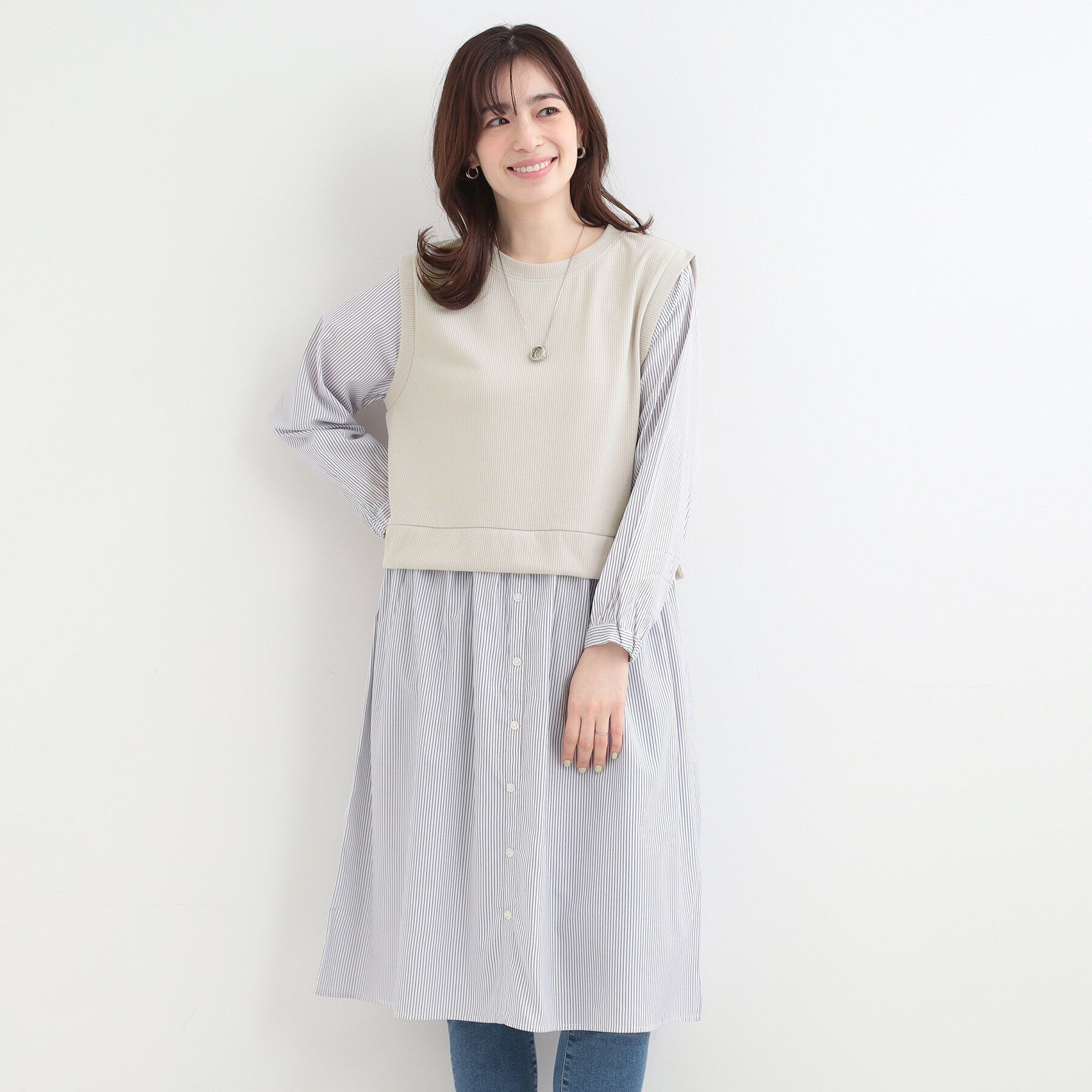 SHOO･LA･RUE「【S-LL/体型カバー】ストライプ柄ドッキングワンピース」|ワンピース|