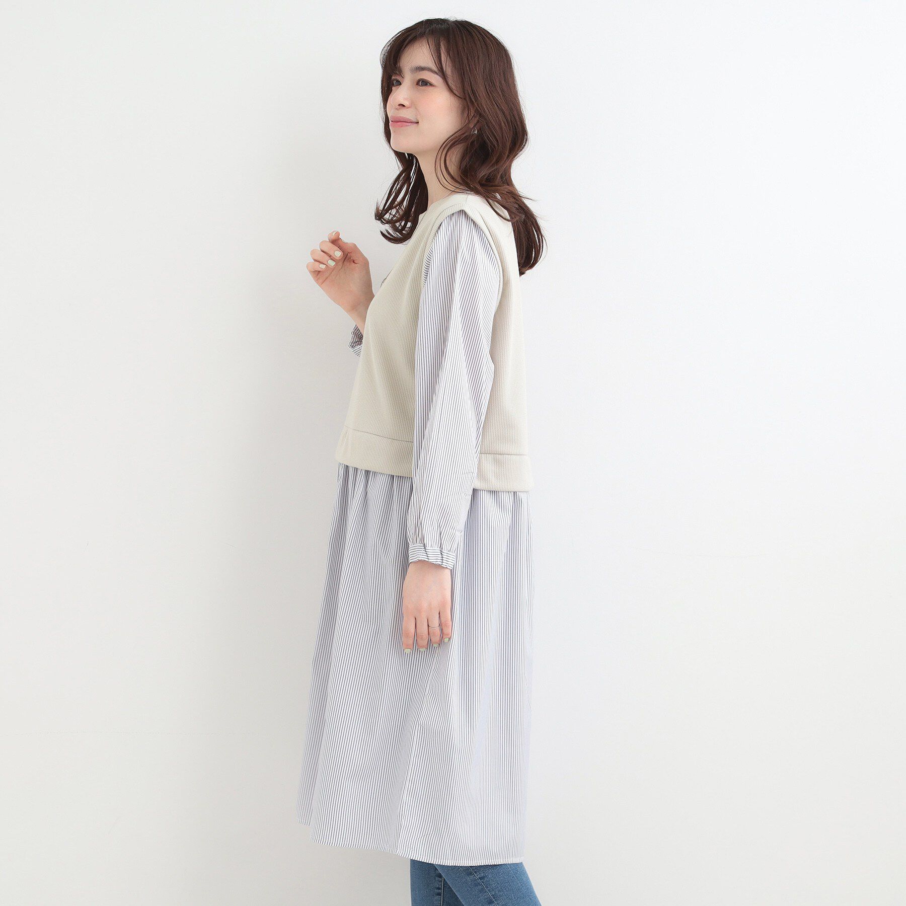 SHOO･LA･RUE「【S-LL/体型カバー】ストライプ柄ドッキングワンピース」|ワンピース|