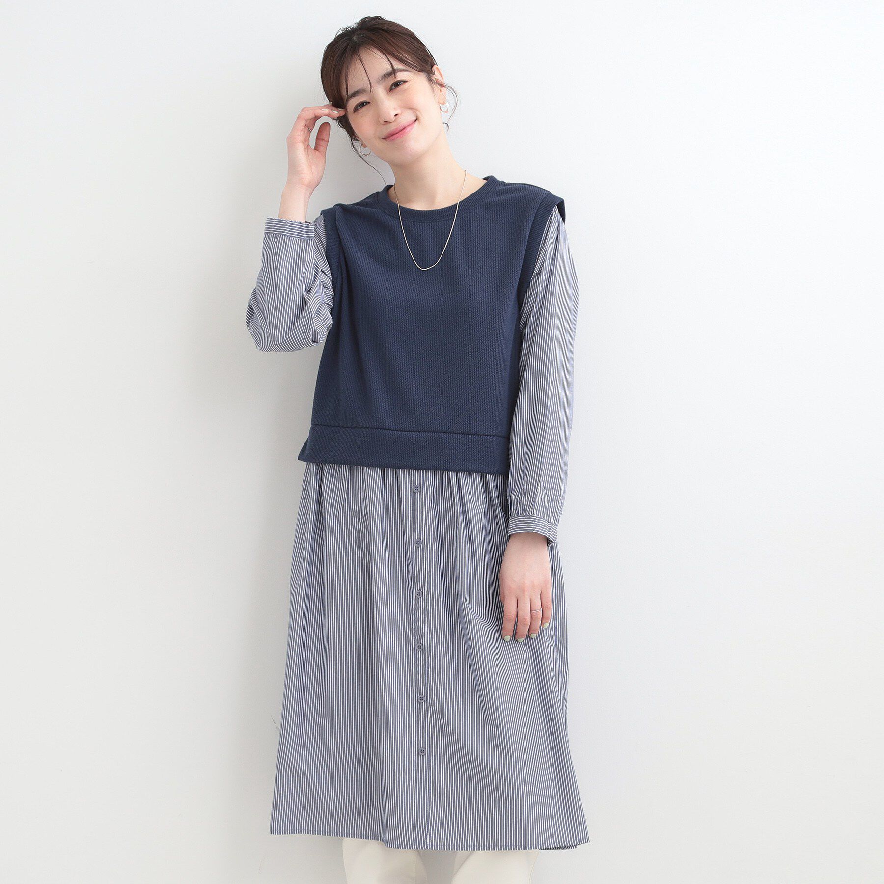 SHOO･LA･RUE「【S-LL/体型カバー】ストライプ柄ドッキングワンピース」|ワンピース|