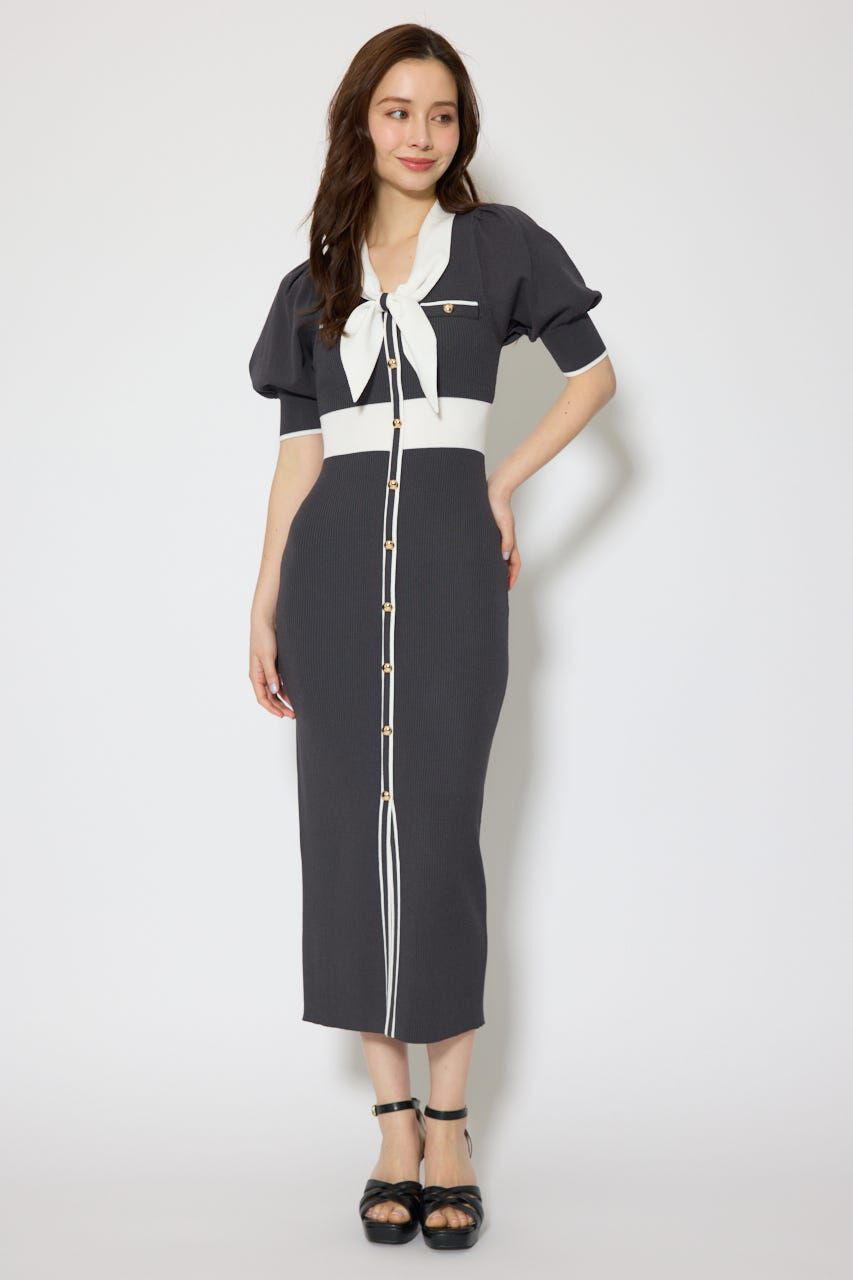 rienda「バイカラーパフスリーブタイトニットワンピース」|ワンピース|L/BLK1