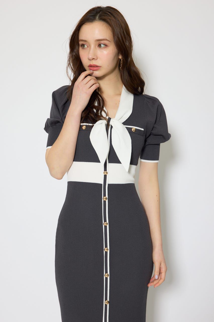 rienda「バイカラーパフスリーブタイトニットワンピース」|ワンピース|