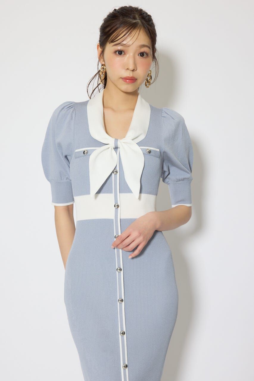 rienda「バイカラーパフスリーブタイトニットワンピース」|ワンピース|