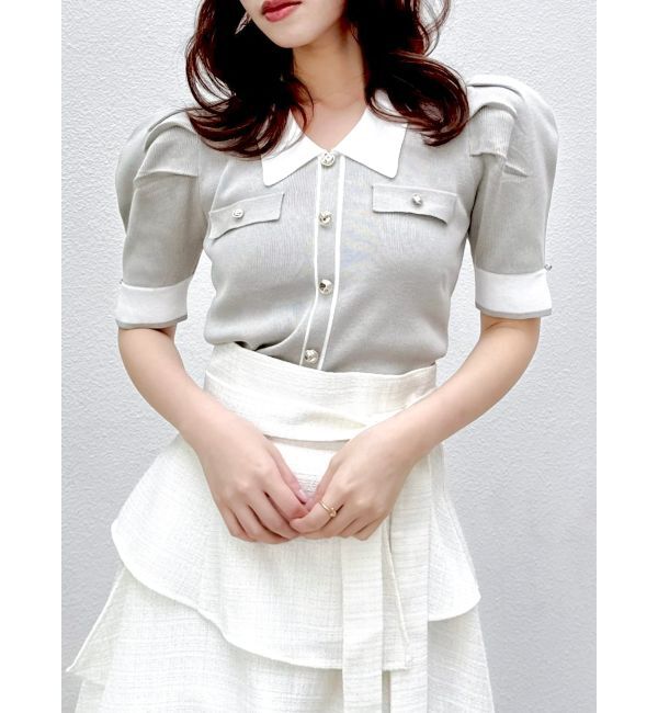 dazzlin「フロントボタンシャツカラーニットトップス」|ニット・セーター|グレー