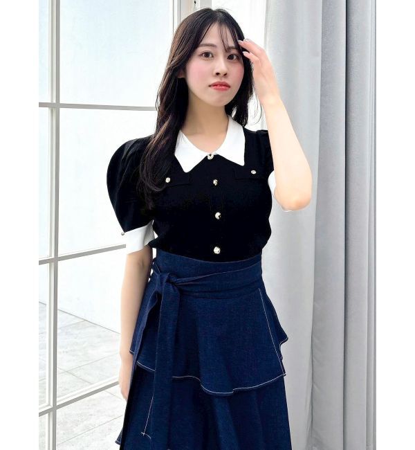 dazzlin「フロントボタンシャツカラーニットトップス」|ニット・セーター|ブラック