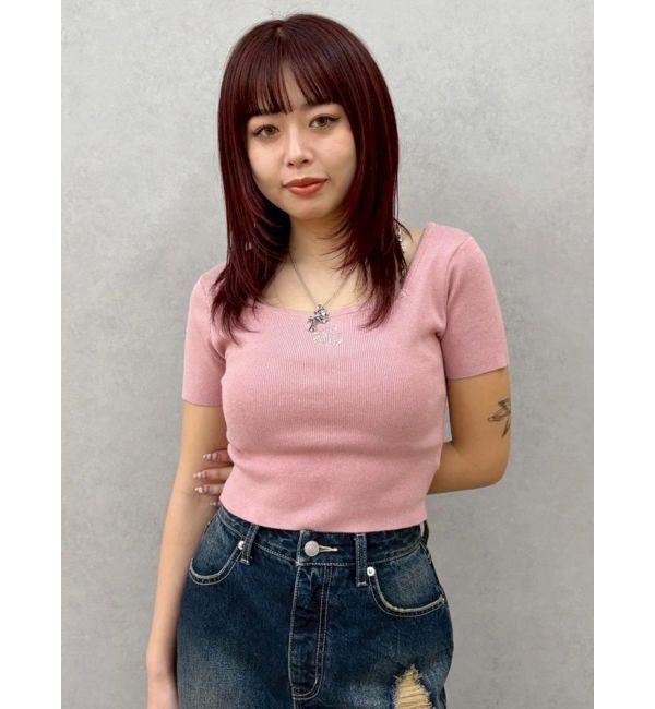 EVRIS「ワンポイントビジューチェーンニットトップス」|ニット・セーター|ピンク