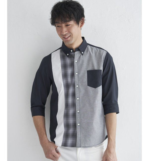 ikka「7分袖オックスブロックスチェック切り替えシャツ」|シャツ・ブラウス|
