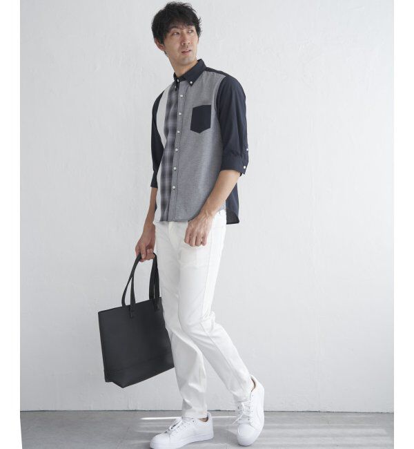 ikka「7分袖オックスブロックスチェック切り替えシャツ」|シャツ・ブラウス|