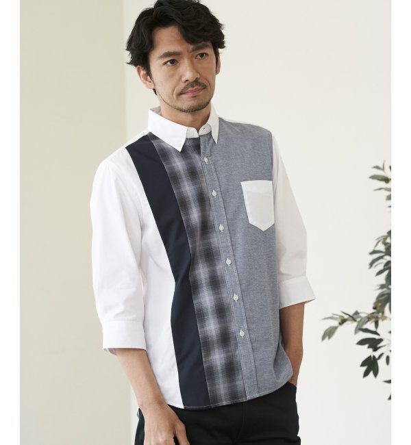 ikka「7分袖オックスブロックスチェック切り替えシャツ」|シャツ・ブラウス|