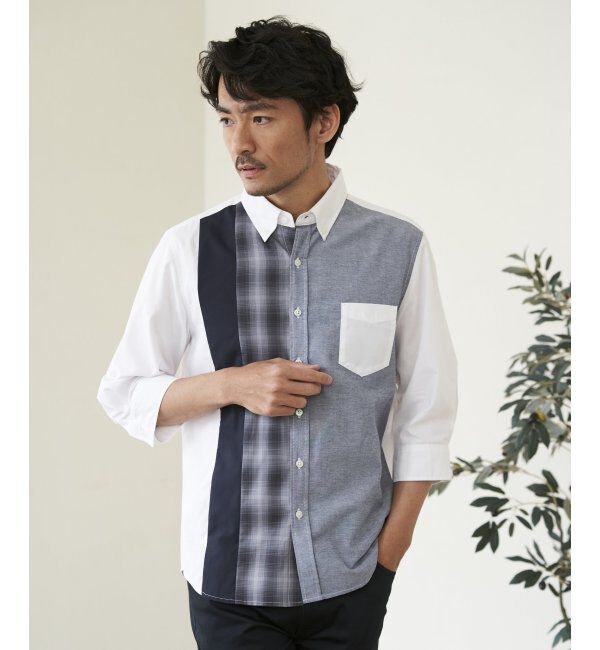 ikka「7分袖オックスブロックスチェック切り替えシャツ」|シャツ・ブラウス|