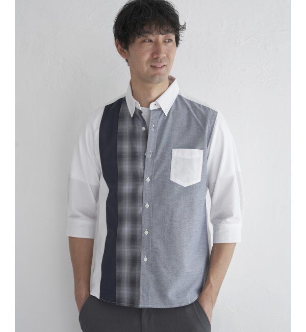 ikka「7分袖オックスブロックスチェック切り替えシャツ」|シャツ・ブラウス|