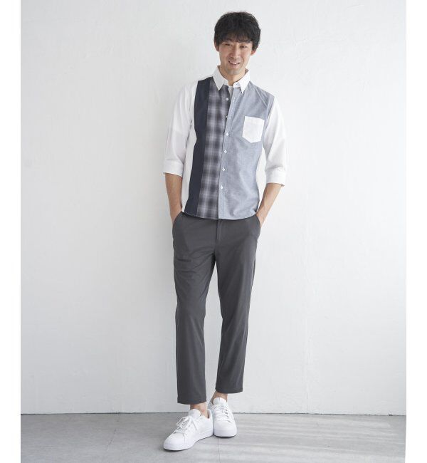 ikka「7分袖オックスブロックスチェック切り替えシャツ」|シャツ・ブラウス|