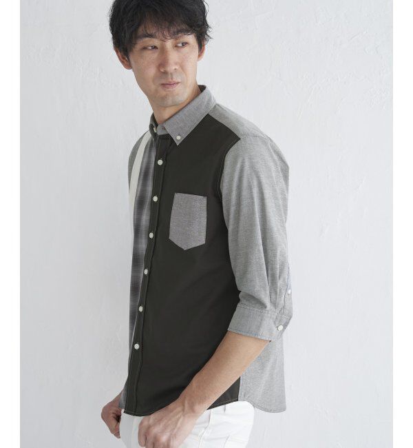 ikka「7分袖オックスブロックスチェック切り替えシャツ」|シャツ・ブラウス|