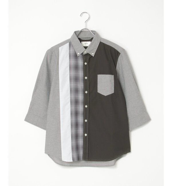 ikka「7分袖オックスブロックスチェック切り替えシャツ」|シャツ・ブラウス|