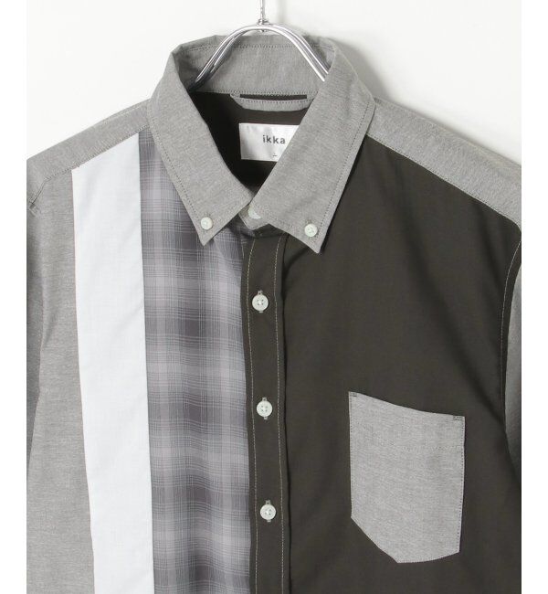 ikka「7分袖オックスブロックスチェック切り替えシャツ」|シャツ・ブラウス|