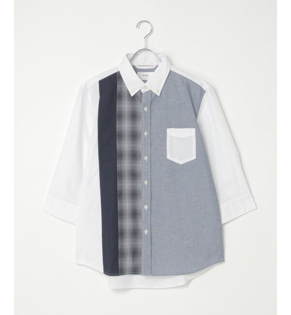 ikka「7分袖オックスブロックスチェック切り替えシャツ」|シャツ・ブラウス|