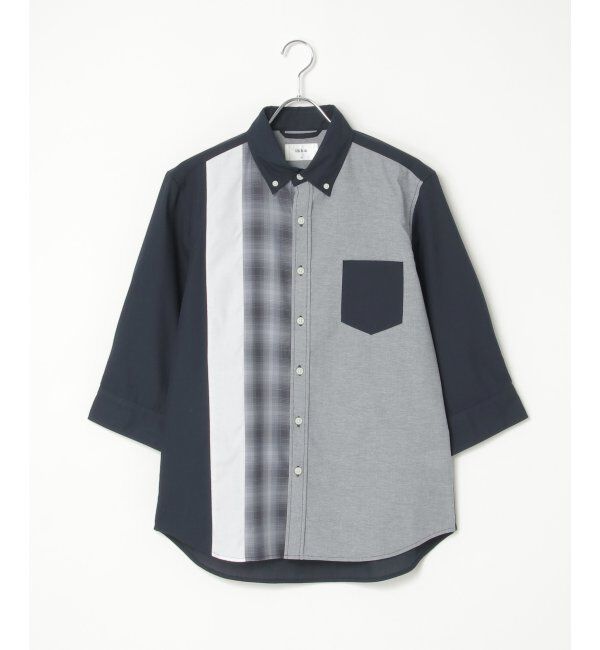 ikka「7分袖オックスブロックスチェック切り替えシャツ」|シャツ・ブラウス|