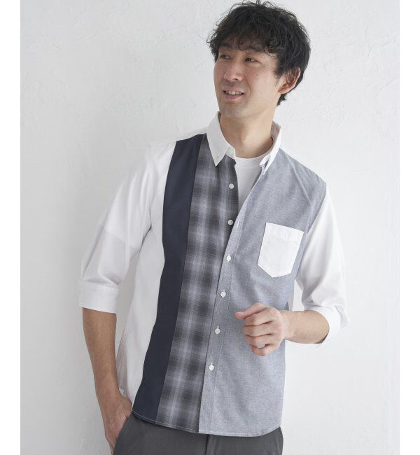 ikka「7分袖オックスブロックスチェック切り替えシャツ」|シャツ・ブラウス|