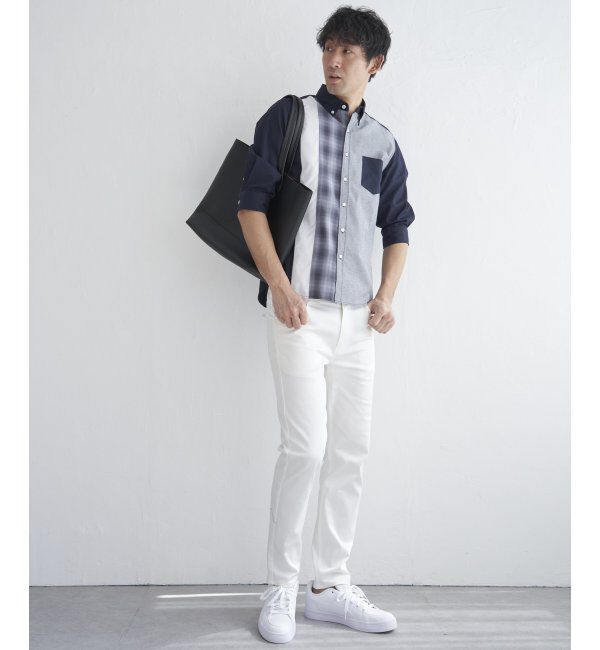 ikka「7分袖オックスブロックスチェック切り替えシャツ」|シャツ・ブラウス|