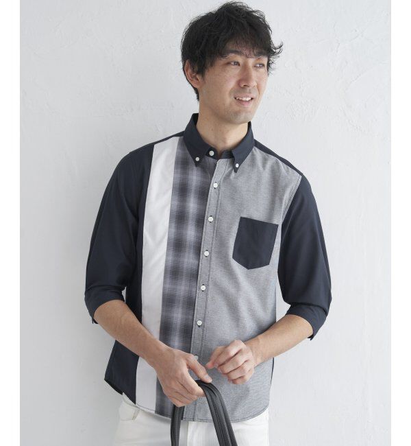 ikka「7分袖オックスブロックスチェック切り替えシャツ」|シャツ・ブラウス|ネイビーブルー