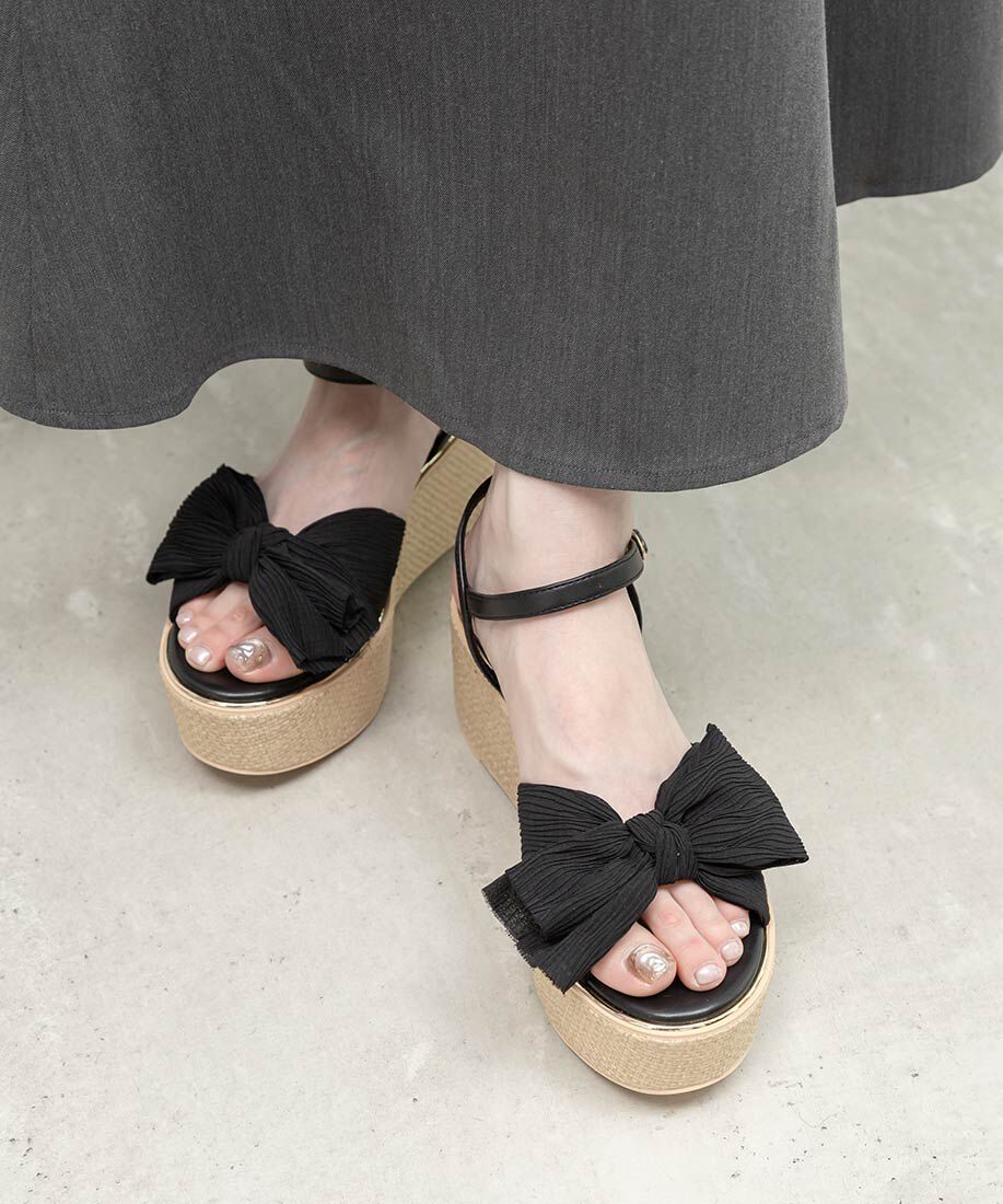  「プリーツリボンデザインウェッジサンダル」|サンダル|ブラック