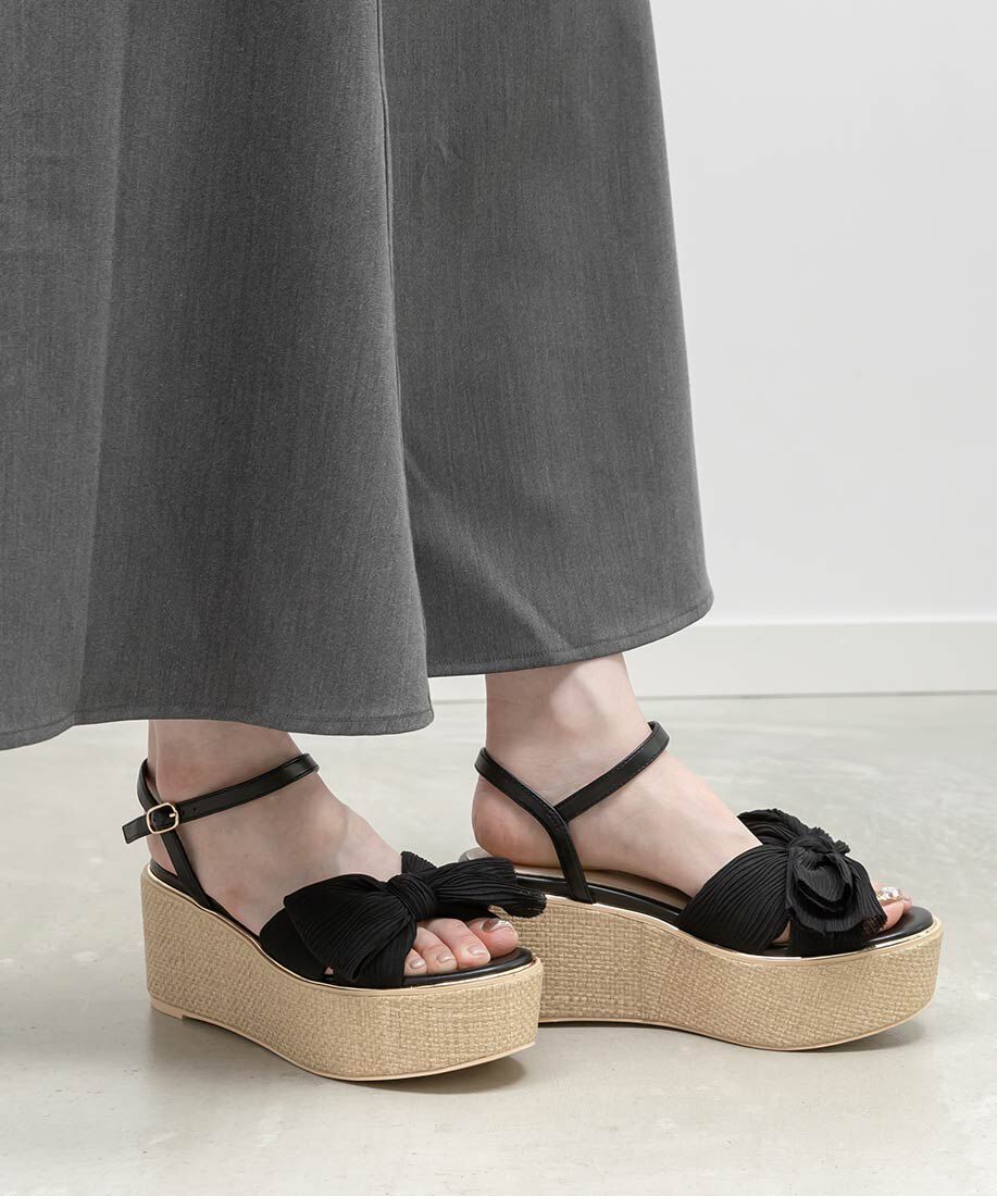  「プリーツリボンデザインウェッジサンダル」|サンダル|