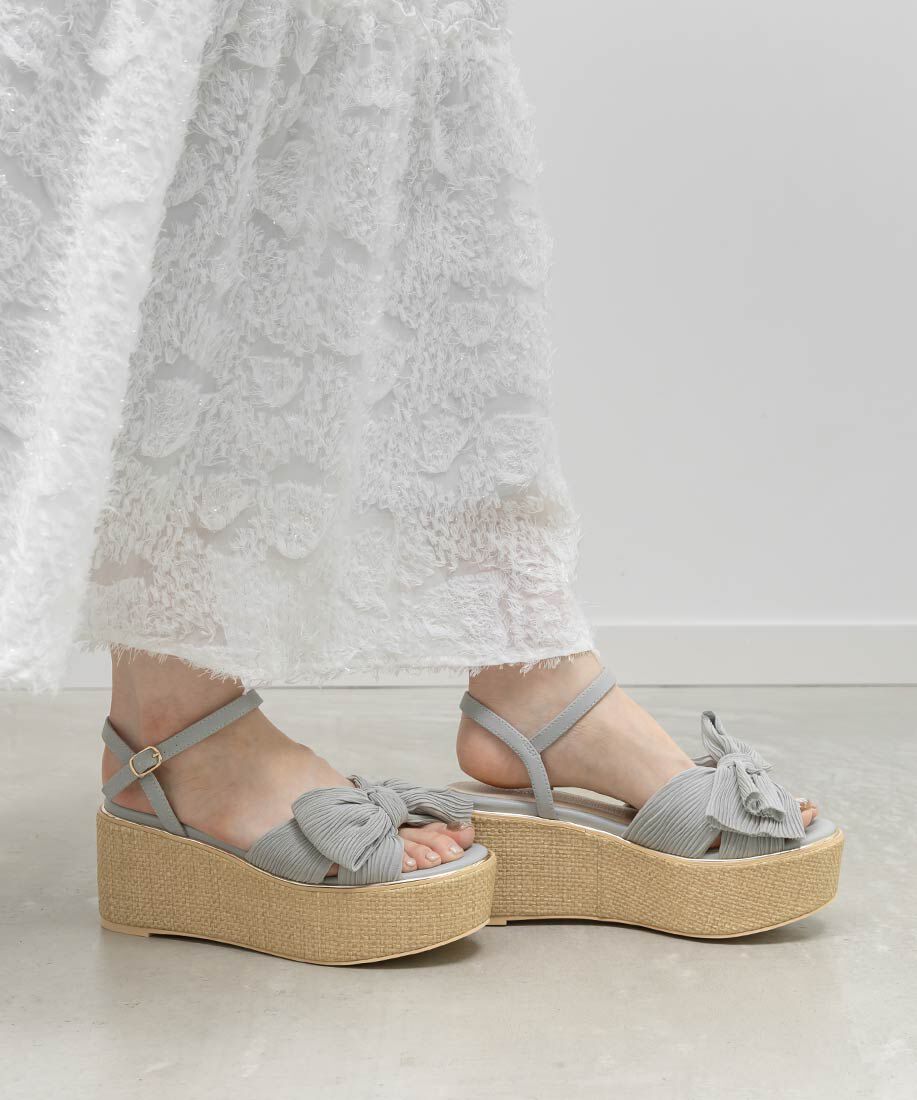  「プリーツリボンデザインウェッジサンダル」|サンダル|
