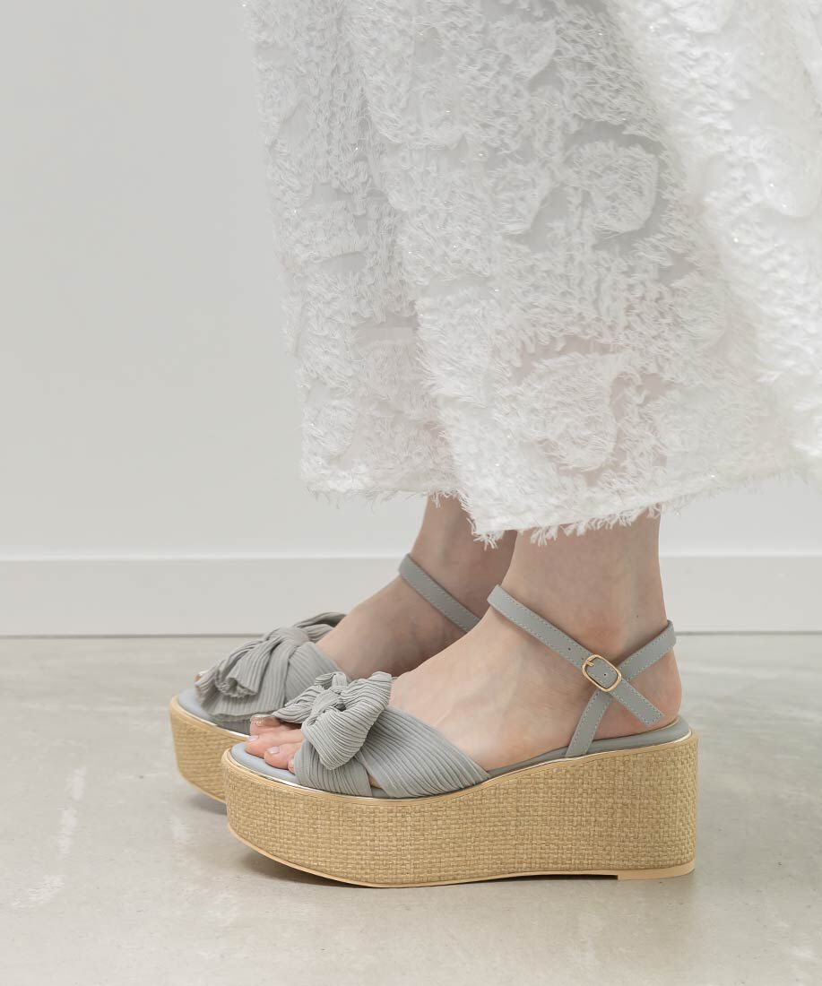  「プリーツリボンデザインウェッジサンダル」|サンダル|