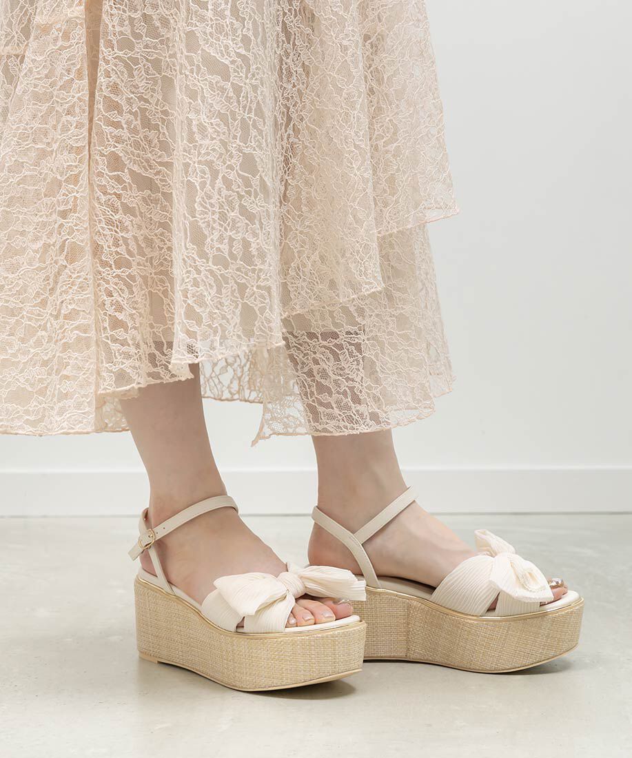  「プリーツリボンデザインウェッジサンダル」|サンダル|