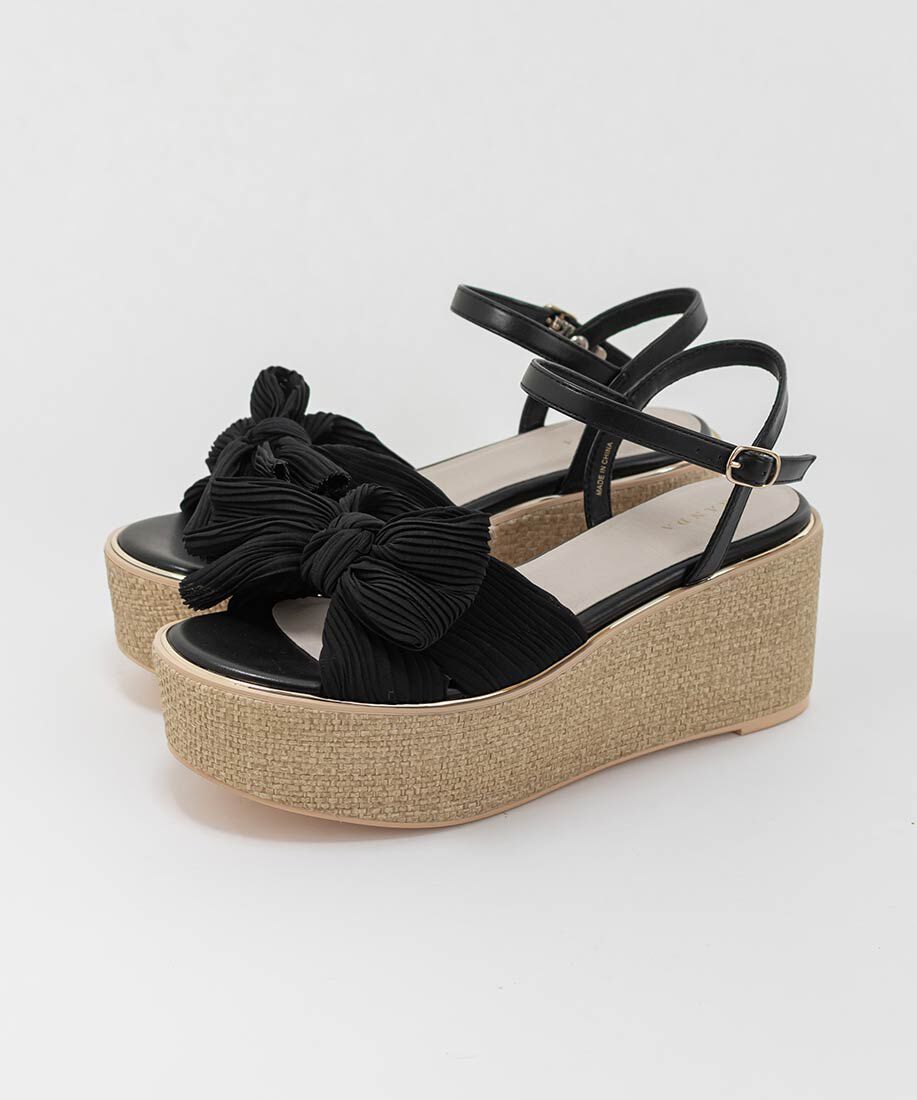  「プリーツリボンデザインウェッジサンダル」|サンダル|