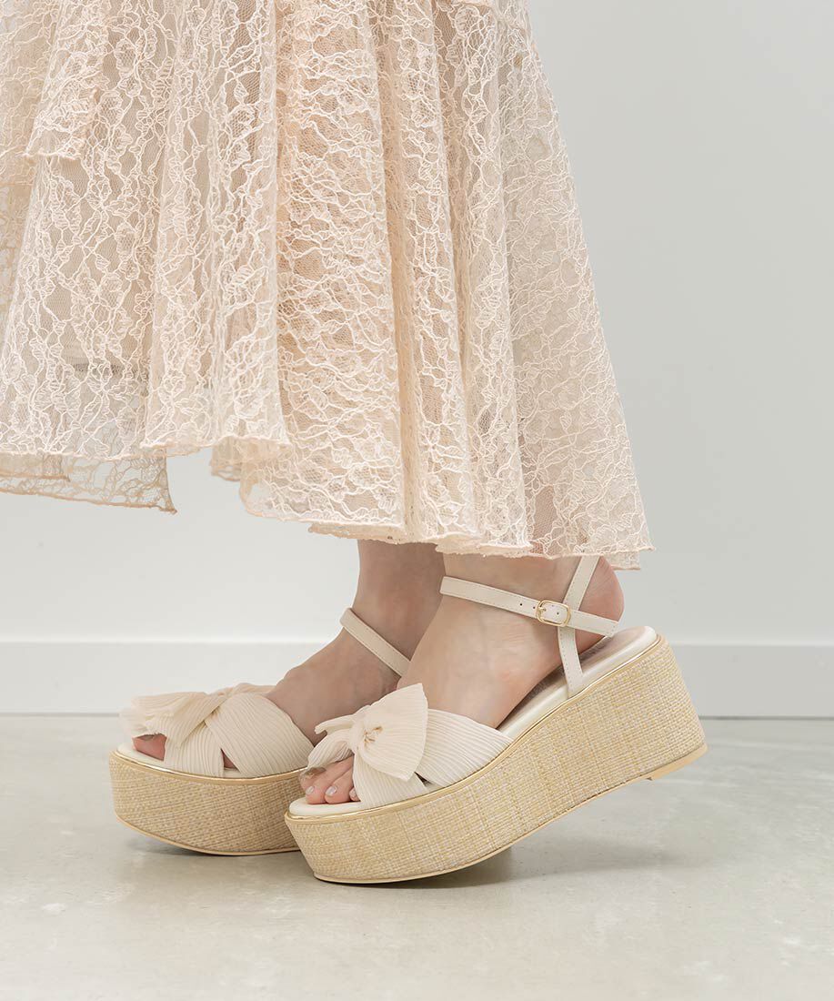 「プリーツリボンデザインウェッジサンダル」|サンダル|