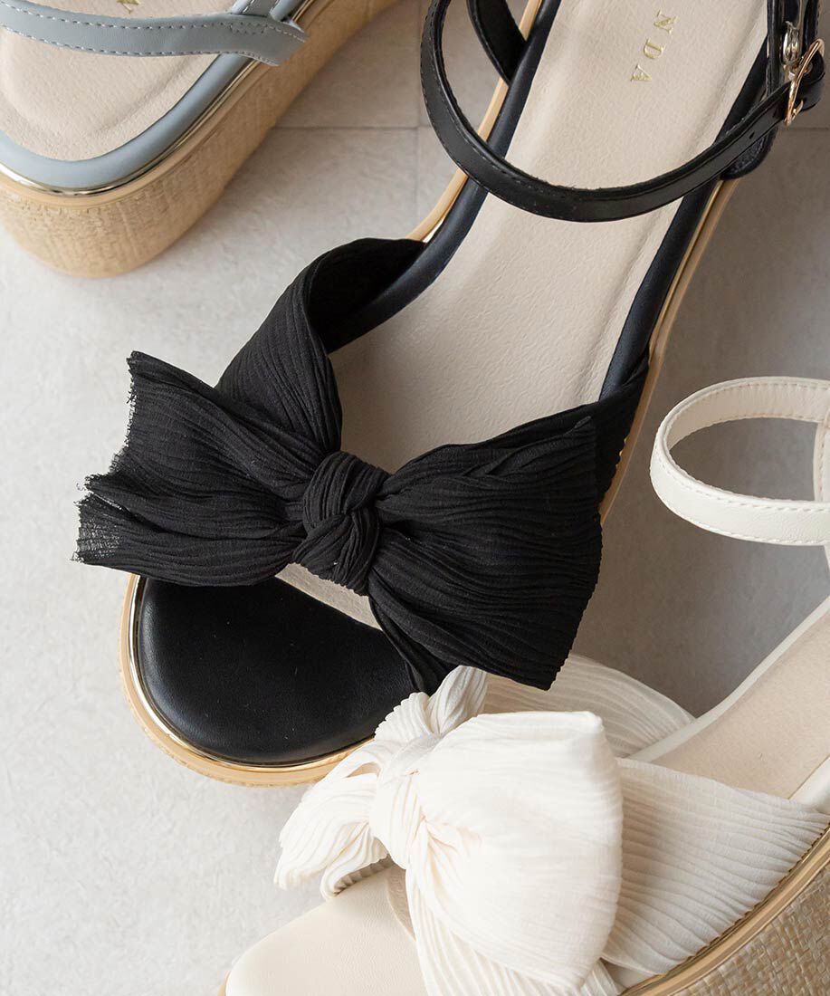  「プリーツリボンデザインウェッジサンダル」|サンダル|