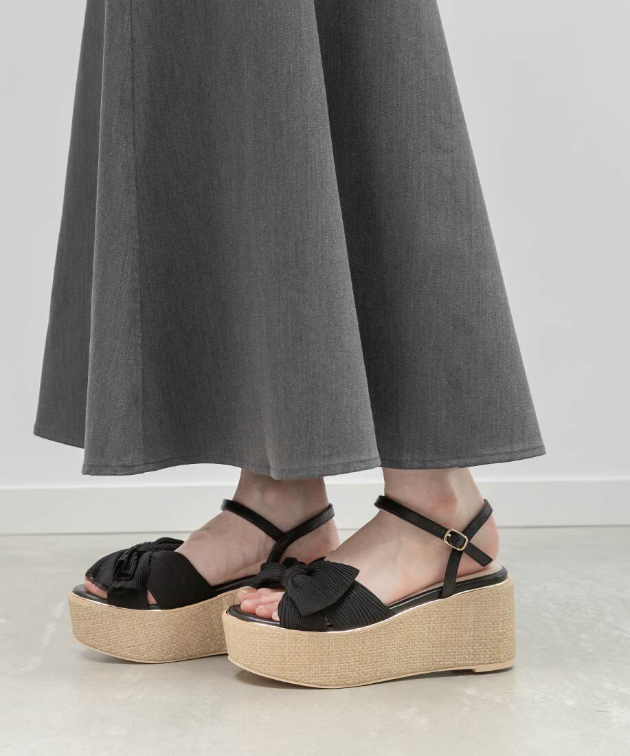  「プリーツリボンデザインウェッジサンダル」|サンダル|