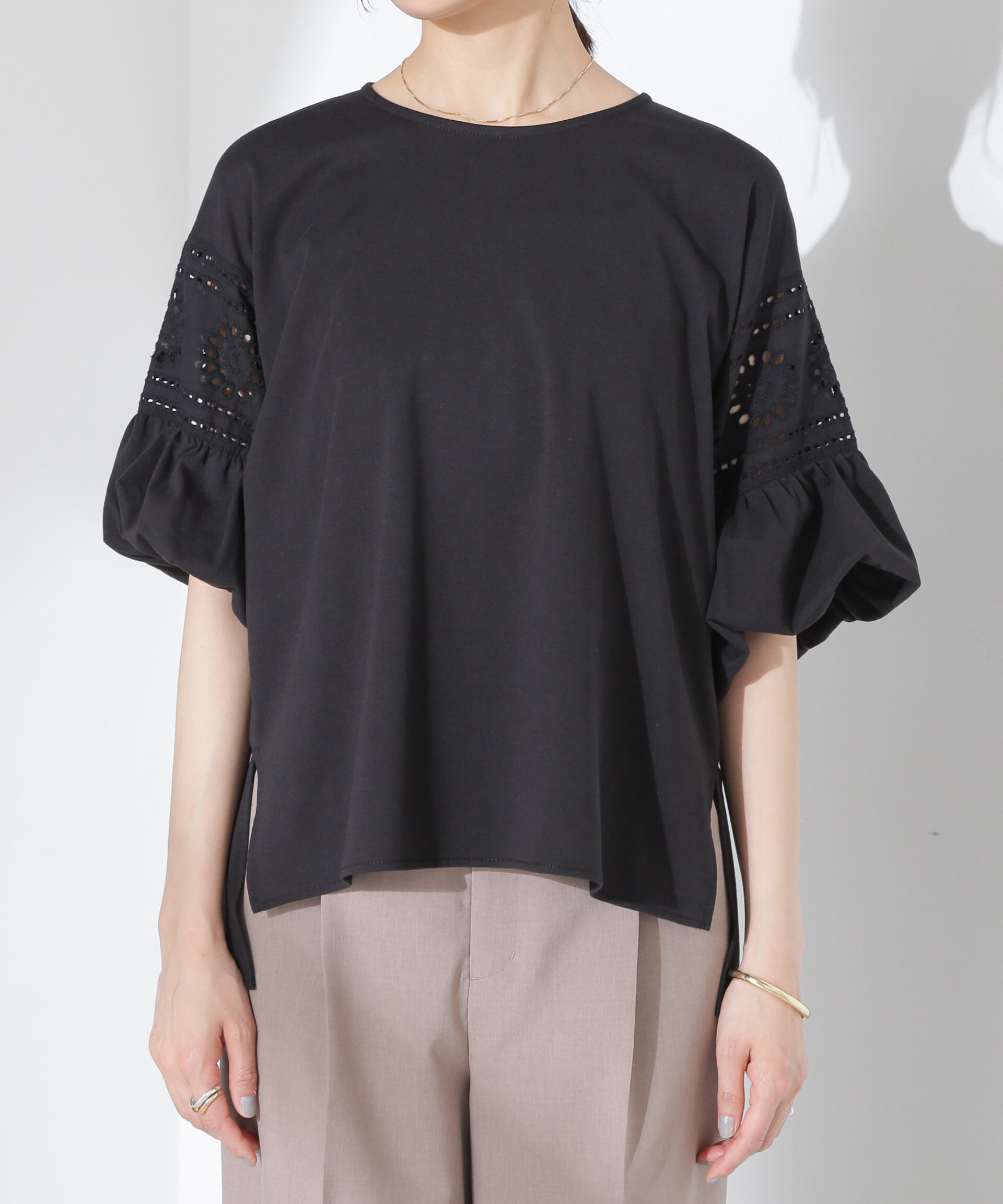 nano･universe「お花柄レース切替バルーンスリーブカットトップス」|Tシャツ・カットソー|