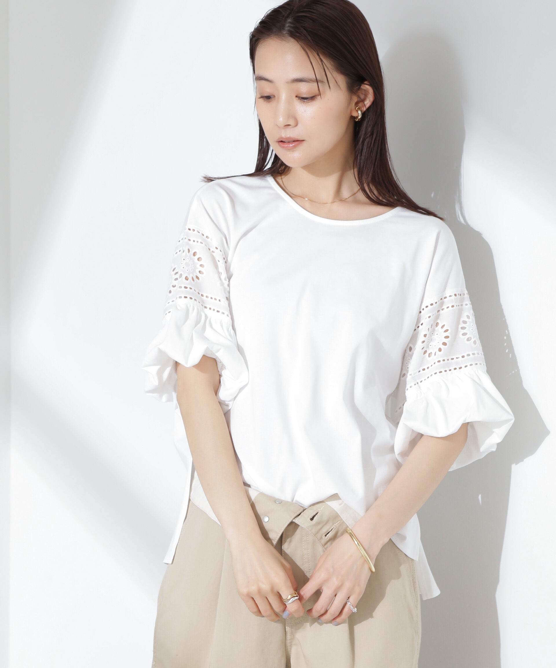 nano･universe「お花柄レース切替バルーンスリーブカットトップス」|Tシャツ・カットソー|