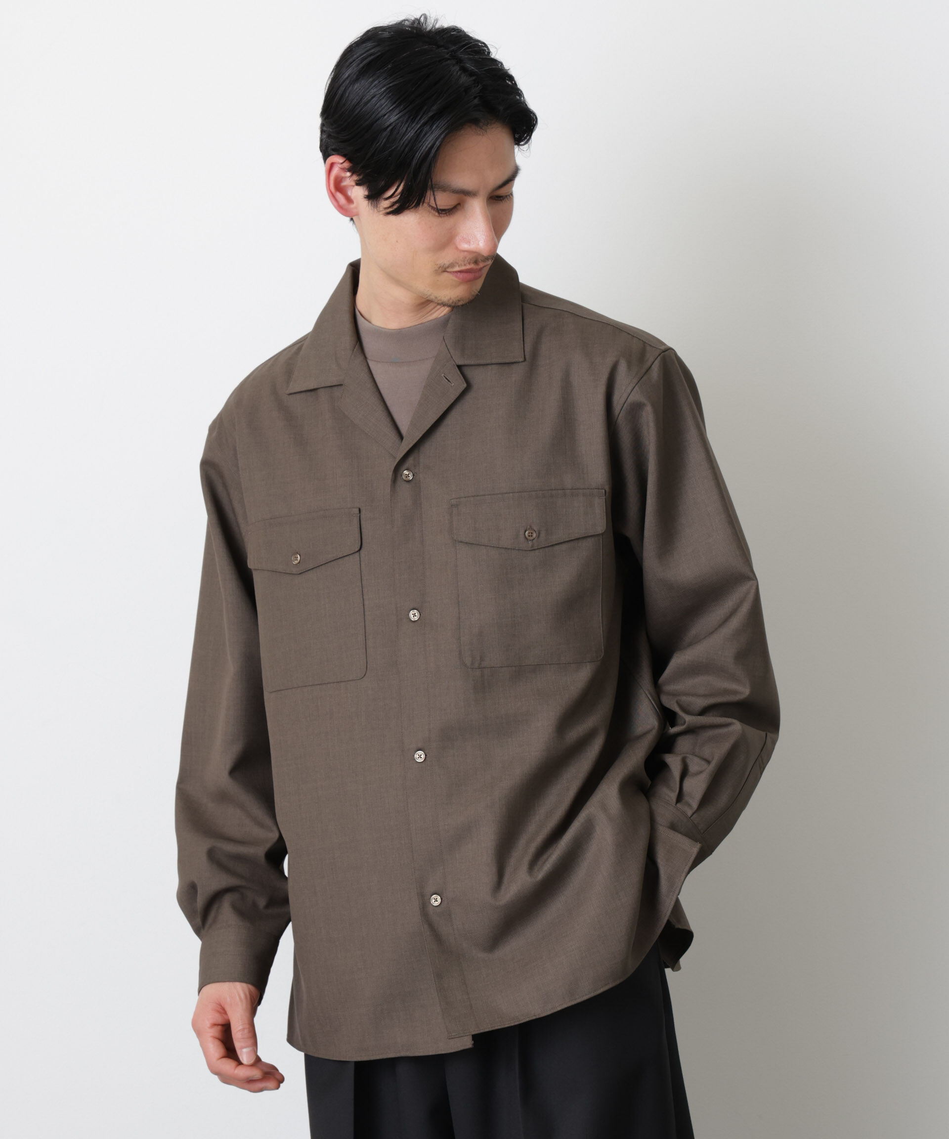 nano･universe「｢Gavante｣ ドライギャバオープンカラーシャツ」|シャツ・ブラウス|カーキ