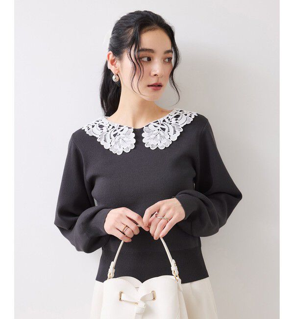 VIS「レースカラーニットプルオーバー/イージーケア」|ニット・セーター|チャコール(06)