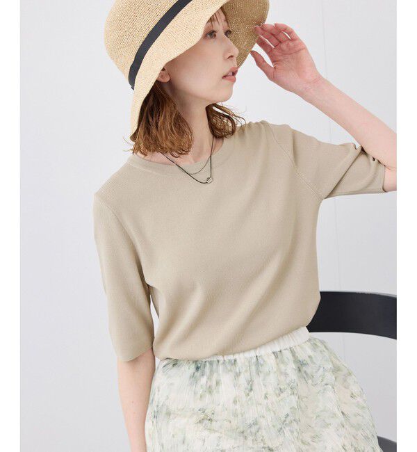 Rope&rsquo;Picnic「【イージーケア・UVカット・接触冷感・洗濯機OK】ハーフスリーブニットプルオーバー」|ニット・セーター|ベージュ