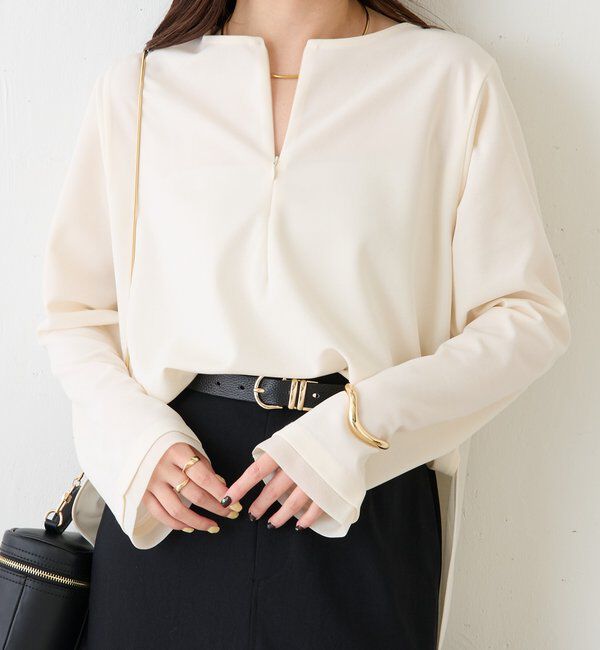  「袖シアー切替ジョーゼットロンT」|Tシャツ・カットソー|