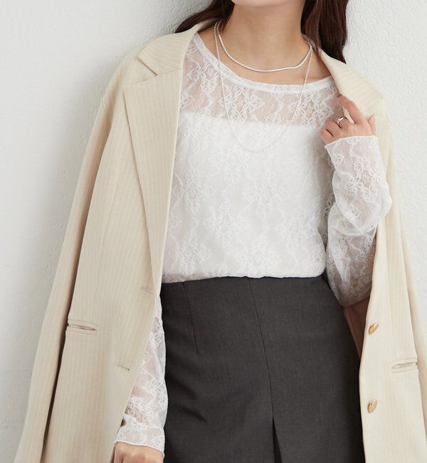  「裾ギャザーレースロングTシャツ」|Tシャツ・カットソー|オフホワイト