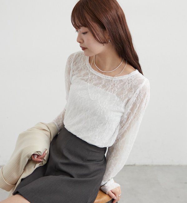  「裾ギャザーレースロングTシャツ」|Tシャツ・カットソー|