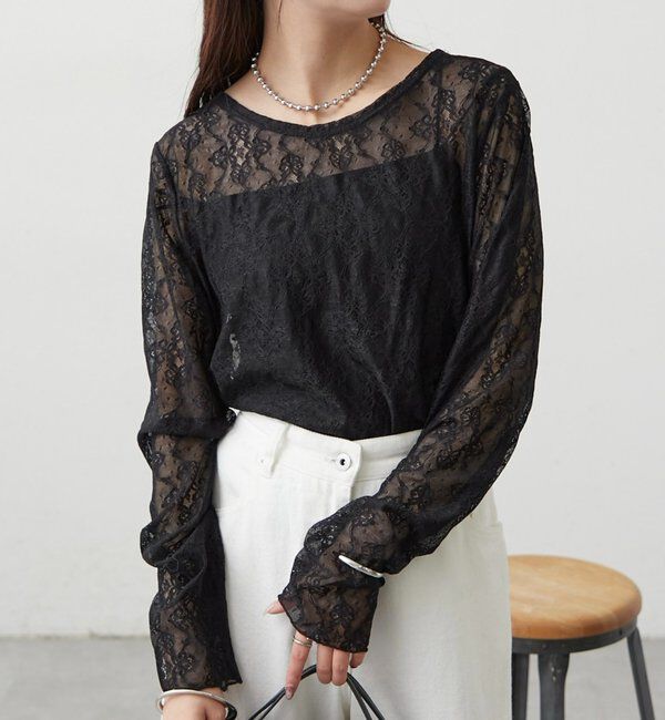 「裾ギャザーレースロングTシャツ」|Tシャツ・カットソー|ブラック